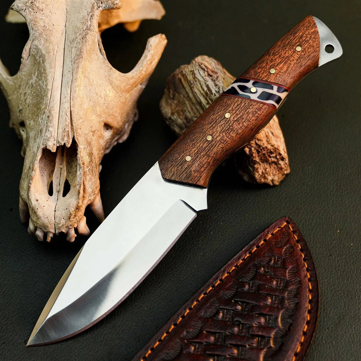 A fixed-blade knife with a polished silver blade and a brown wood-grain handle with a purple and black inlay, displayed next to a brown leather sheath and a deer skull on a dark textured surface.