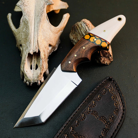 8.9" Handmade Stainless Steel Hunting Knife – Full Tang Wood Handle &amp; Sheath