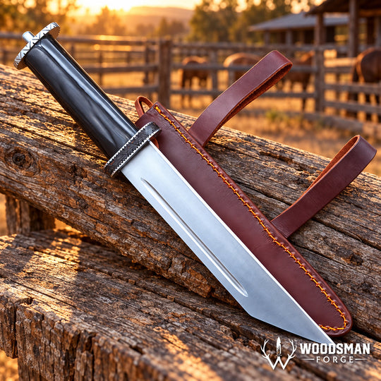 Ravenhorn Fieldcrest™ Seax Knife – 1040 Carbon Steel, Natural Horn Handle &amp; Leather Scabbard WOODSMAN FORGE