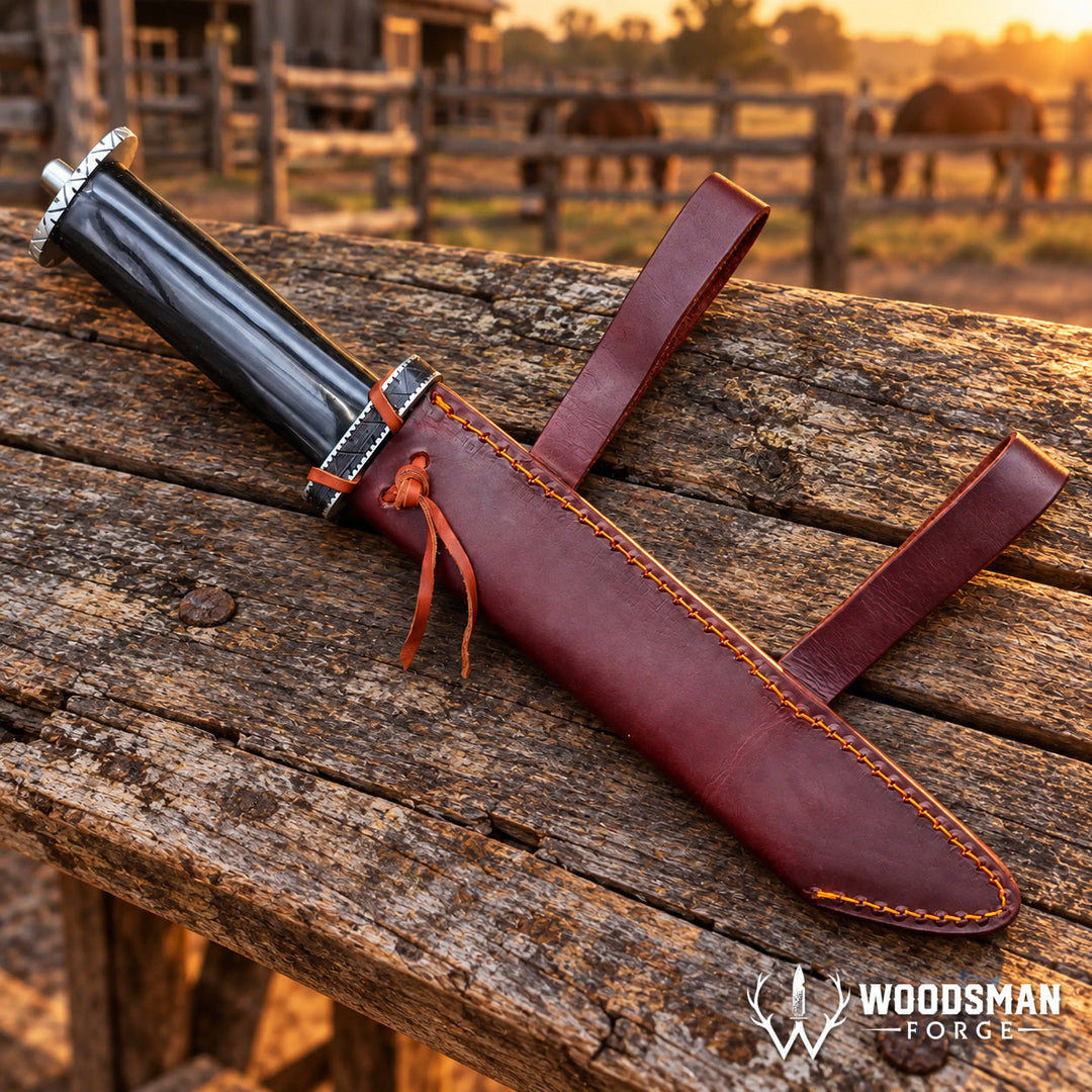 Ravenhorn Fieldcrest™ Seax Knife – 1040 Carbon Steel, Natural Horn Handle &amp; Leather Scabbard WOODSMAN FORGE