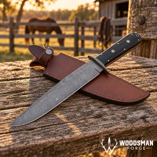 A fixed-blade knife with a patterned steel blade and black handle rests on a brown leather sheath on a rustic wooden surface outdoors. A blurred horse and fence are visible in the background, and the Woodsman Forge logo appears in the lower right corner.