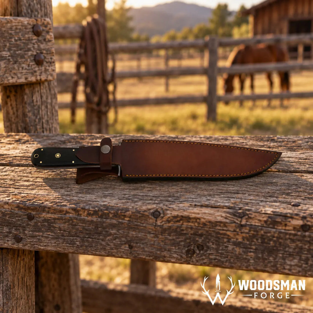 A large fixed-blade knife with a dark handle and a brown leather sheath rests on a rustic wooden fence in an outdoor farm setting with a horse and barn blurred in the background. The Woodsmen Forge logo is visible in the bottom right corner.