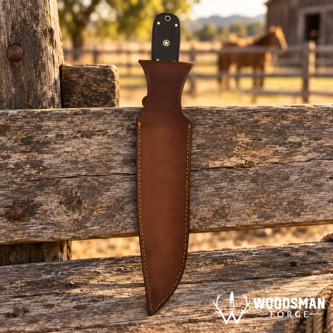 A fixed-blade knife with a black handle and a brown leather sheath, leaning against a rustic wooden fence in an outdoor barn setting with a horse blurred in the background. The &