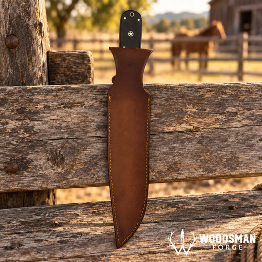 A fixed-blade knife with a black handle and a brown leather sheath, leaning against a rustic wooden fence in an outdoor barn setting with a horse blurred in the background. The &