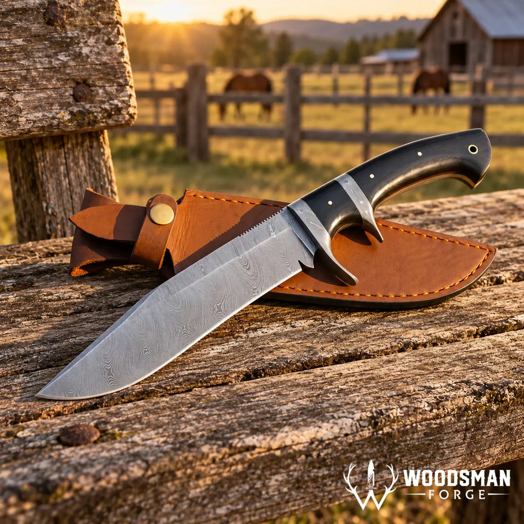 A fixed-blade knife with a patterned steel blade and black handle rests on a leather sheath on a rustic wooden surface, with a blurred outdoor ranch scene in the background at sunset. The Woodsman Forge logo appears in the bottom right corner.