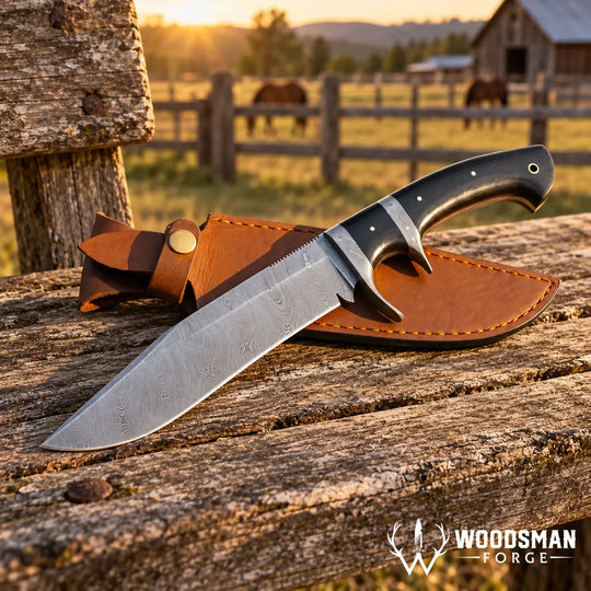 A fixed-blade knife with a patterned steel blade and black handle rests on a leather sheath on a rustic wooden surface, with a blurred outdoor ranch scene in the background at sunset. The Woodsman Forge logo appears in the bottom right corner.