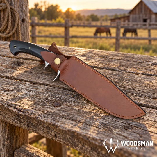 A fixed-blade knife with a black handle and brown leather sheath rests on a rustic wooden table outdoors at sunset, with a fence, horses, and a barn blurred in the background. The Woodsman Forge logo appears in the bottom right corner.