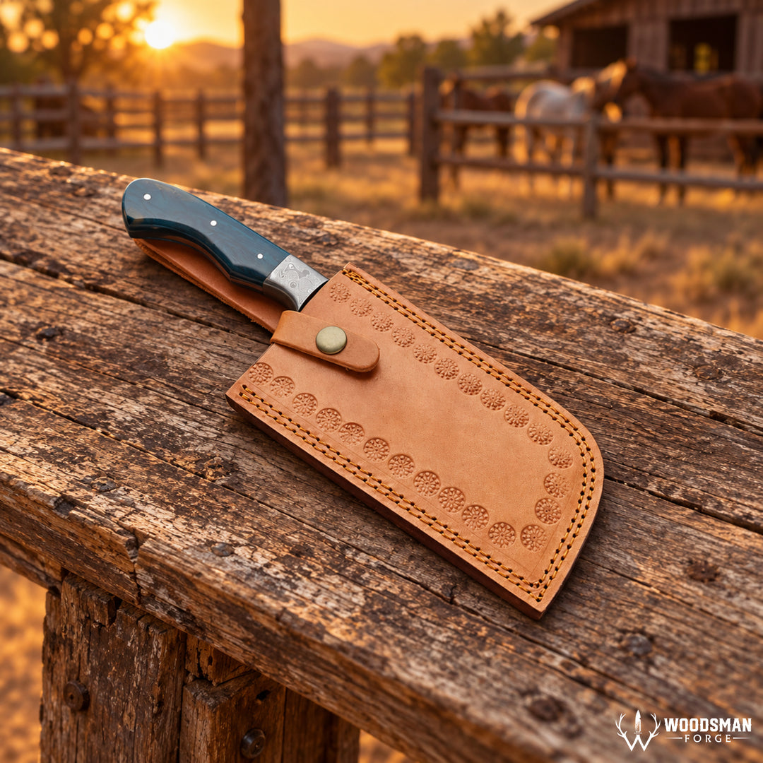 A large leather knife sheath holding a knife with a dark blue-green handle, resting on a rustic wooden fence in an outdoor ranch setting at sunset. A Woodsman Forge logo is visible in the bottom right corner.