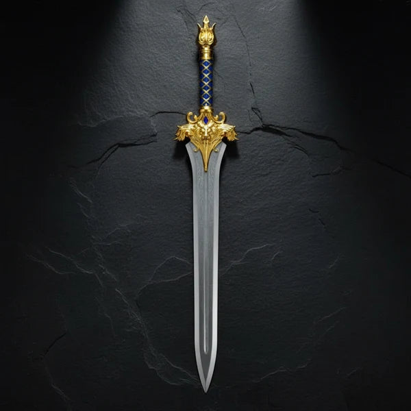 Royal Lion Guard Broad Sword with Blue Leather Handle &amp; Ornate Gold Details