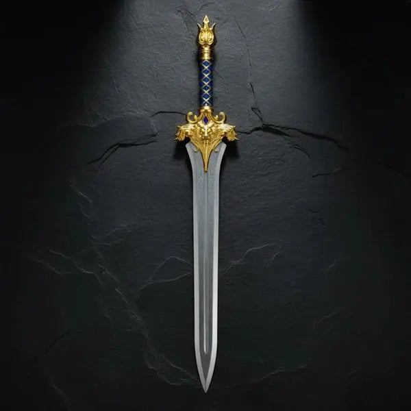 Royal Lion Guard Broad Sword with Blue Leather Handle & Ornate Gold Details WOODSMAN FORGE