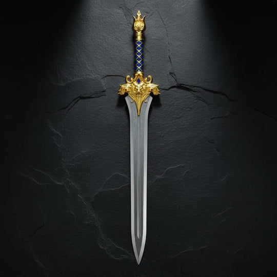Royal Lion Guard Broad Sword with Blue Leather Handle &amp; Ornate Gold Details