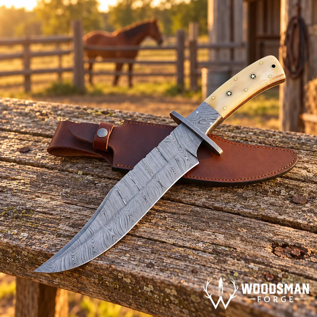 A large fixed-blade hunting knife with a patterned steel blade and a light wood handle lies on a weathered wooden surface next to a brown leather sheath. A blurred horse and fence are visible in the background, and a Woodsman Forge logo appears in the lower right corner.