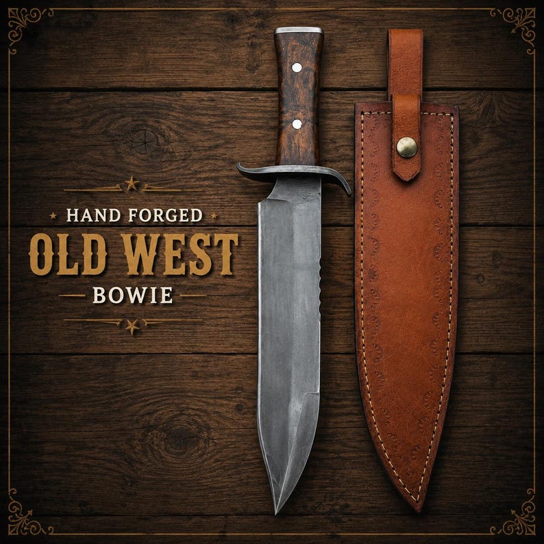 Hand Forged Bowie Hunting Knife with Wooden Handle &amp; Leather Sheath