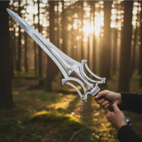 Fantasy Medieval Broad Sword with Ornate Silver Guard &amp; Leather Grip