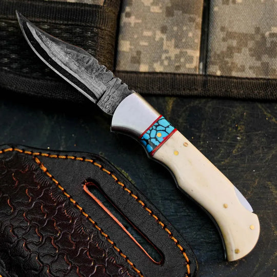 Damascus San Mai Knife with Camel Bone Handle