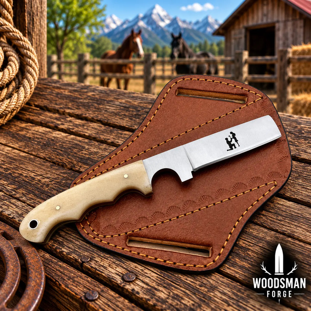 A fixed-blade knife with a cream-colored handle and a silver blade lies on a brown leather sheath over a rustic wooden surface. The background shows a blurred outdoor ranch scene with horses, mountains, and a barn.