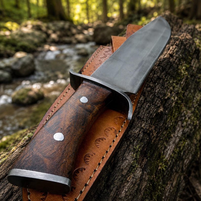 Hand Forged Bowie Hunting Knife with Wooden Handle &amp; Leather Sheath
