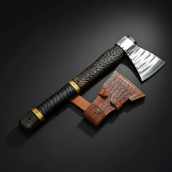 Hand Forged Viking Axe with Leather Wrapped Handle & Tooled Sheath