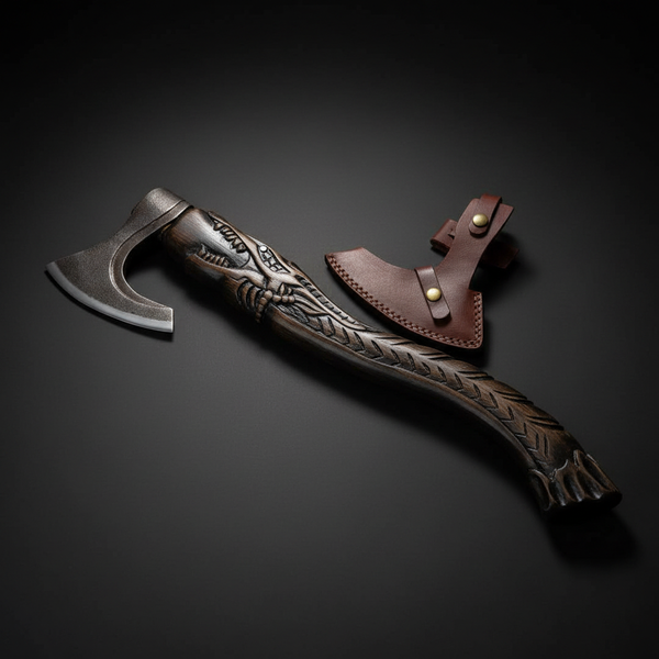 Hand Forged Viking Bearded Axe with Carved Norse Dragon Handle