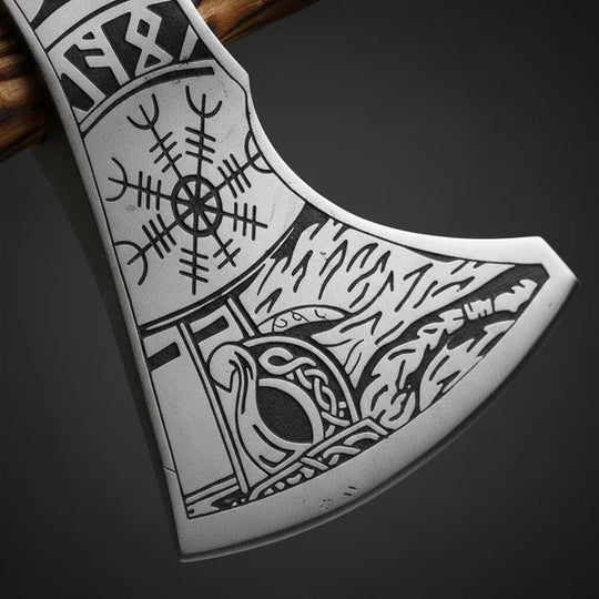 Hand Engraved Norse Viking Axe with Carved Wood Handle &amp; Rope Wrap