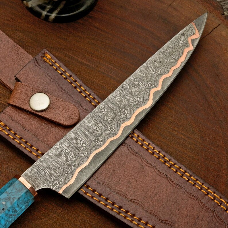 Handforged Copper Damascus Chef Knife with Resin Handle & Leather Sheath