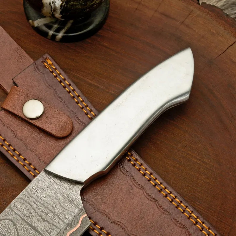 Copper Damascus Chef Knife with Silver Steel Handle &amp; Leather Sheath