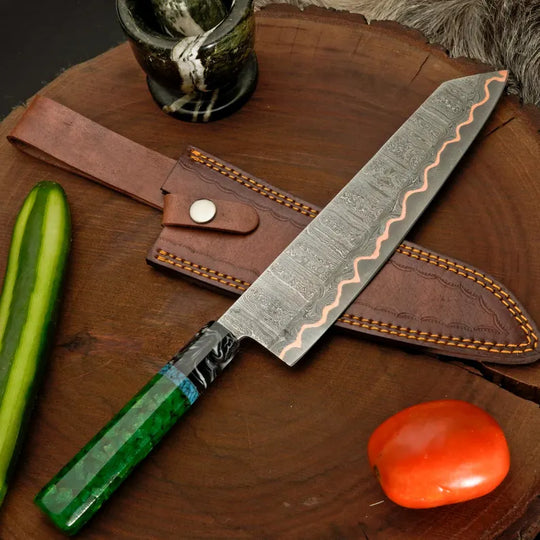 Handcrafted Copper Damascus Chef Knife with Green Resin Handle