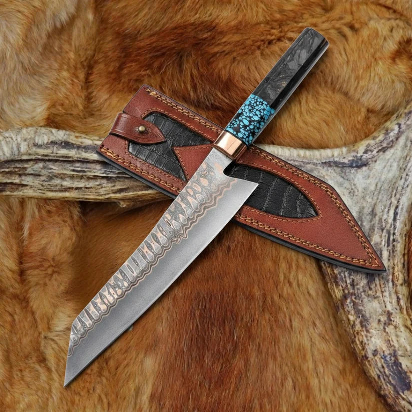 Handmade Copper Damascus Chef Knife with Carbon Fiber &amp; Turquoise Handle