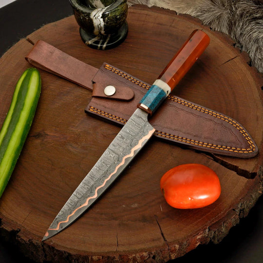 Handforged Copper Damascus Chef Knife with Resin Handle &amp; Leather Sheath