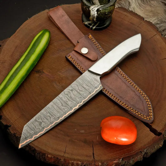 Copper Damascus Chef Knife with Silver Steel Handle &amp; Leather Sheath