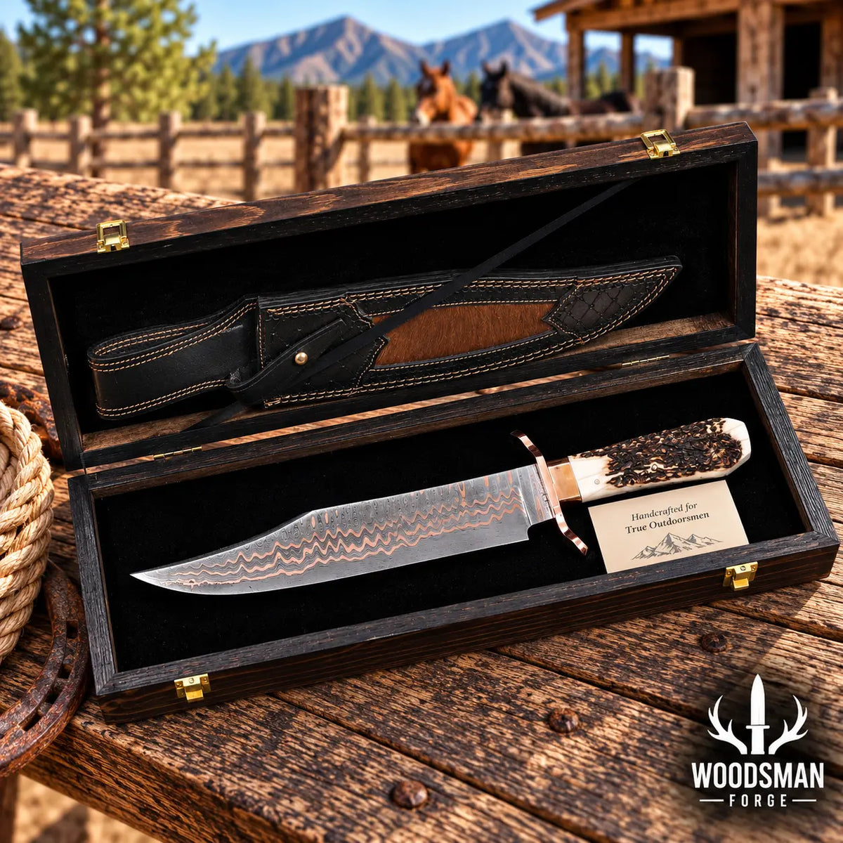 A Damascus steel fixed-blade knife displayed inside an open dark wood presentation box with a black sheath, set on a rustic wooden table outdoors with mountains and a barn in the background. A Woodman Forge logo is visible in the bottom right corner.