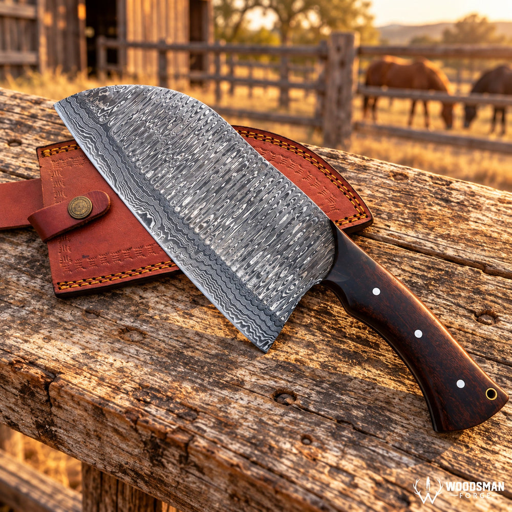 Rosehaven Edgecrest™ Damascus Serbian Kitchen Knife – Rosewood Handle WOODSMAN FORGE