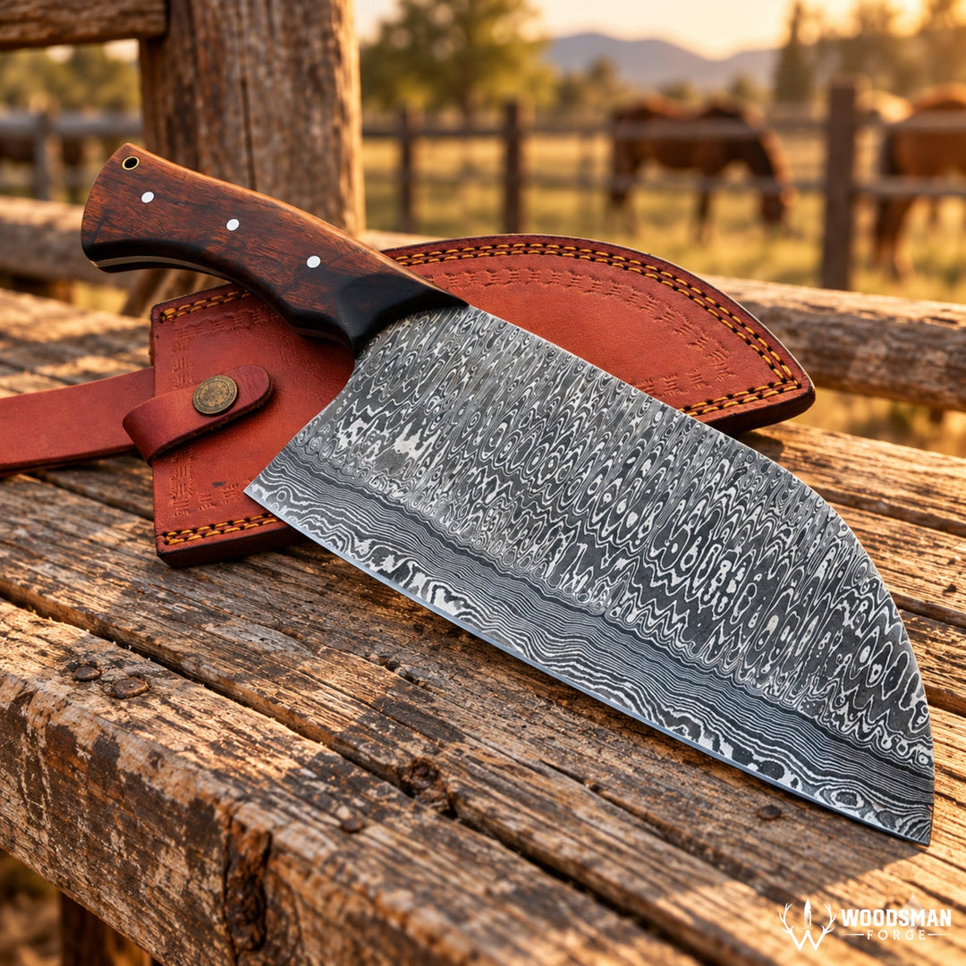 Rosehaven Edgecrest™ Damascus Serbian Kitchen Knife – Rosewood Handle WOODSMAN FORGE