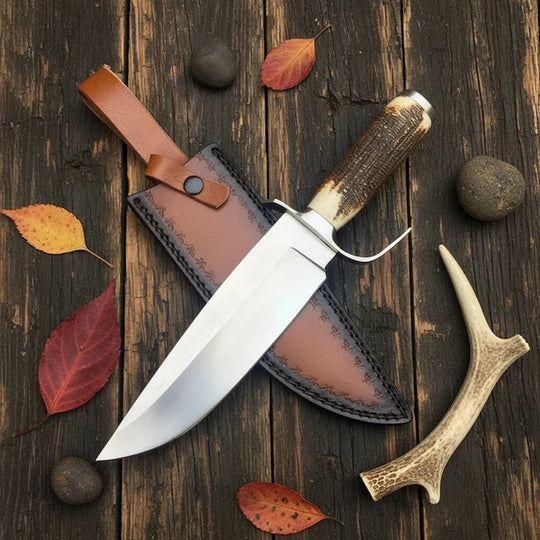 Handmade D2 Steel Bowie Knife – Natural Antler Handle &amp; Leather Sheath
