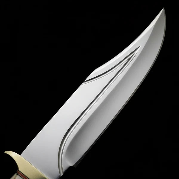 D2 Steel Bowie Knife – Twin Fuller Blade, Stag Antler Handle &amp; Leather Sheath