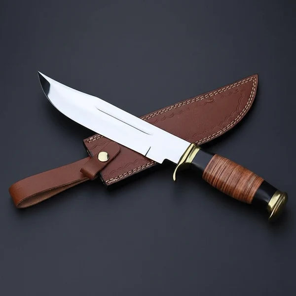 D2 Steel American Classic Bowie Knife – Stacked Leather Handle &amp; Leather Sheath