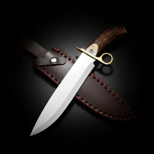 D2 Steel Bowie Knife – Mirror Polish, Stag Antler Handle &amp; Leather Sheath