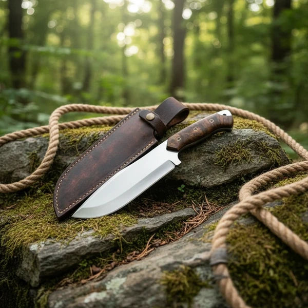 Handmade D2 Steel Bowie Knife – Stabilized Burl Wood Handle &amp; Leather Sheath