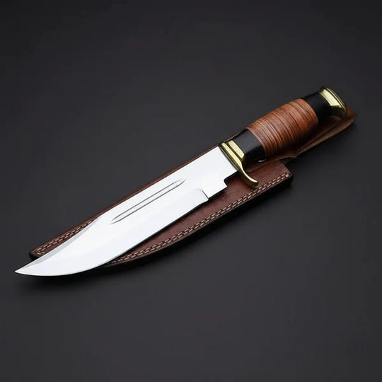 D2 Steel American Classic Bowie Knife – Stacked Leather Handle &amp; Leather Sheath