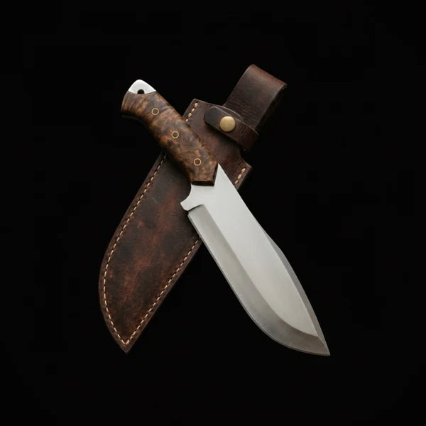 Handmade D2 Steel Bowie Knife – Stabilized Burl Wood Handle &amp; Leather Sheath