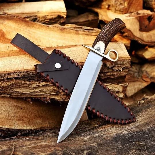 D2 Steel Bowie Knife – Mirror Polish, Stag Antler Handle &amp; Leather Sheath