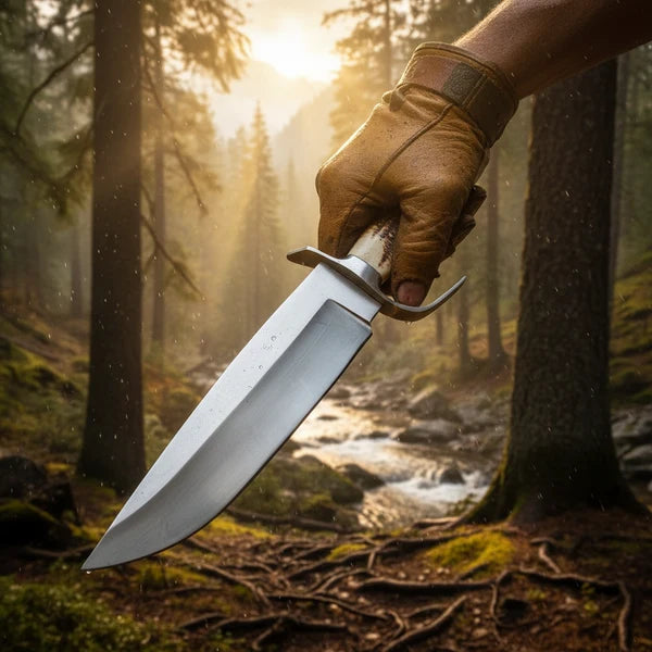 Handmade D2 Steel Bowie Knife – Natural Antler Handle & Leather Sheath