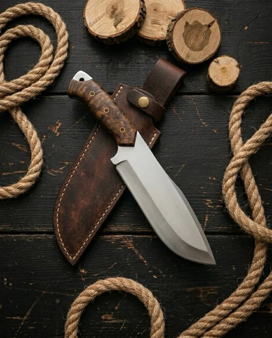 Handmade D2 Steel Bowie Knife – Stabilized Burl Wood Handle &amp; Leather Sheath