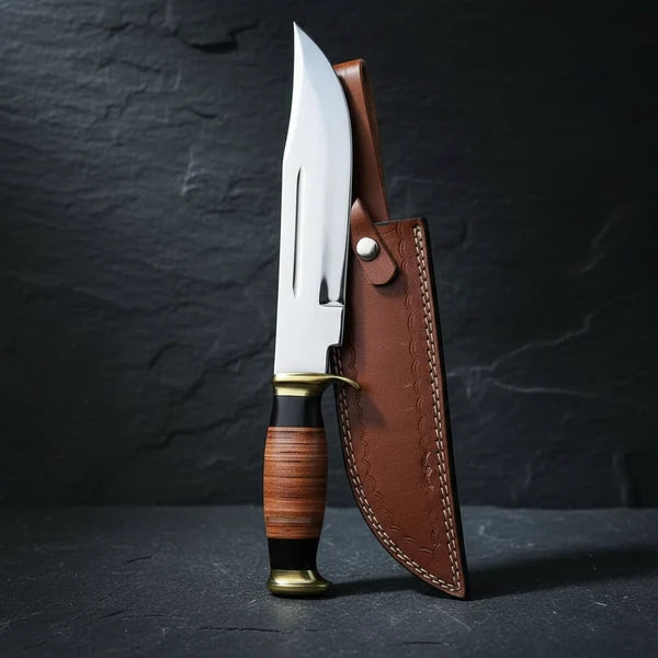 D2 Steel American Classic Bowie Knife – Stacked Leather Handle &amp; Leather Sheath