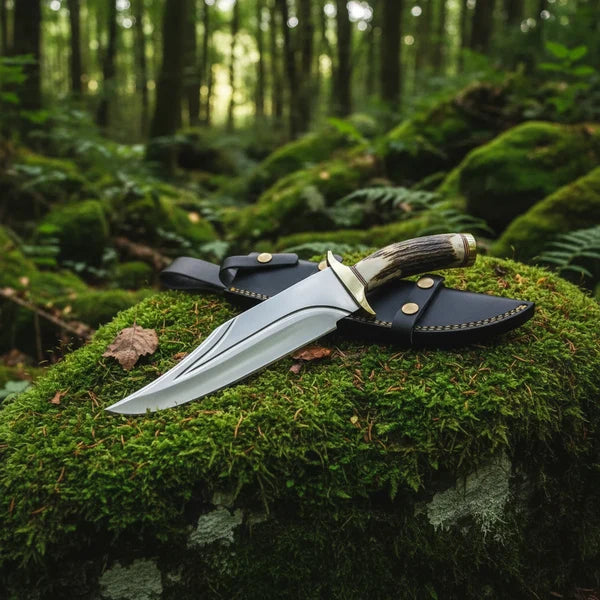 D2 Steel Bowie Knife – Twin Fuller Blade, Stag Antler Handle &amp; Leather Sheath