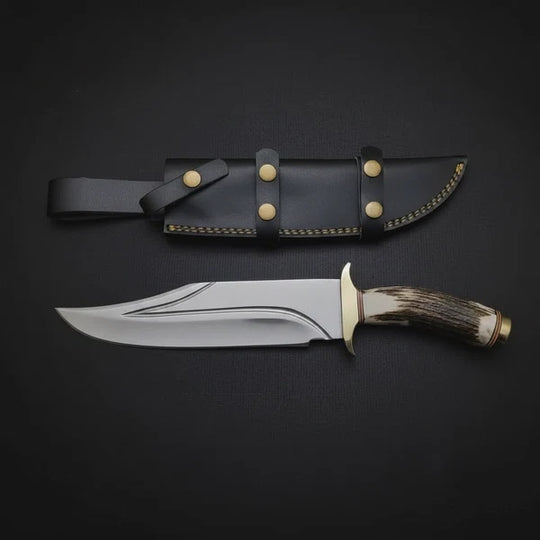D2 Steel Bowie Knife – Twin Fuller Blade, Stag Antler Handle &amp; Leather Sheath