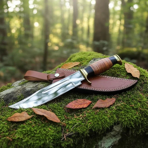 D2 Steel American Classic Bowie Knife – Stacked Leather Handle &amp; Leather Sheath