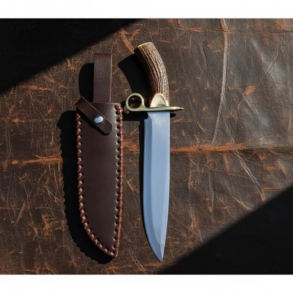 D2 Steel Bowie Knife – Mirror Polish, Stag Antler Handle &amp; Leather Sheath