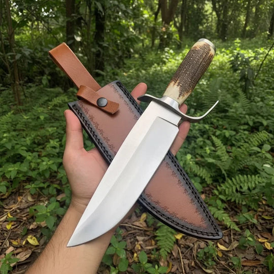 Handmade D2 Steel Bowie Knife – Natural Antler Handle &amp; Leather Sheath