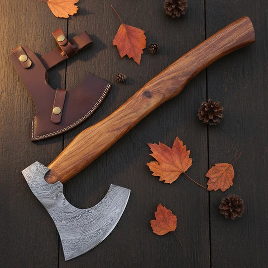 Hand Forged Damascus Viking Bearded Axe with Rosewood Handle